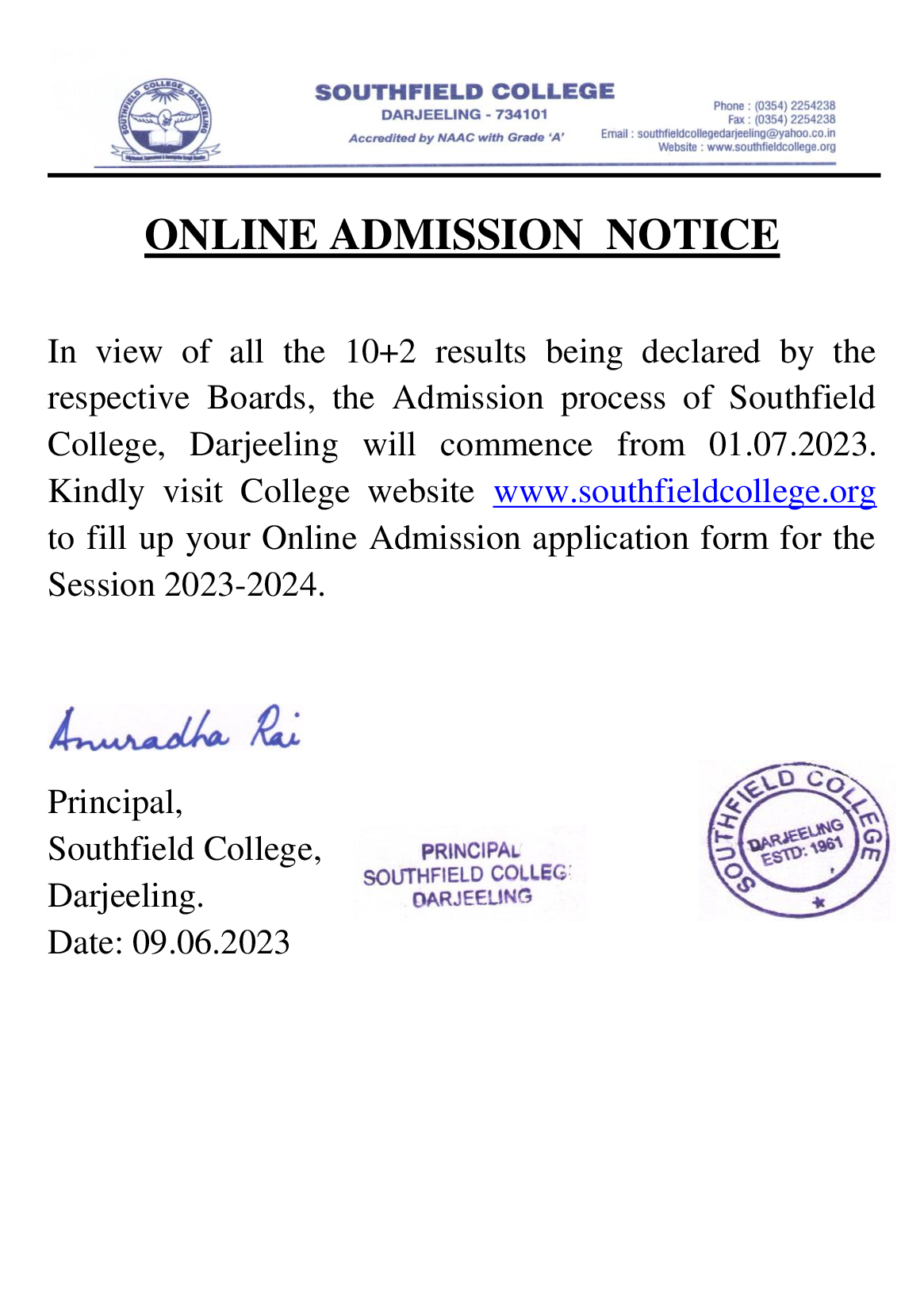 ADMISSION NOTICE 20232024 Southfield College Darjeeling